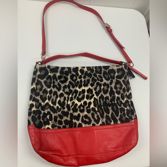 *SOLD* Coach Leopard Print & Red Hobo Bag, Trimmed w/ Leather, Red Tan & Black - Picture 2 of 13